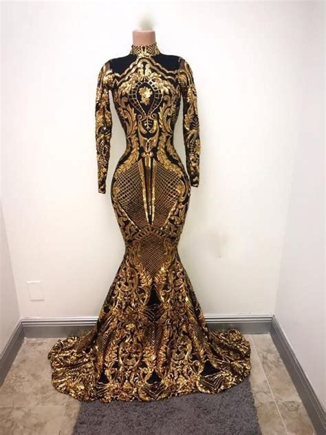 Gold And Black Long Sleeves Mermaid Black Girl Prom Dresses 2019 Elegant High Neck African Forma ...