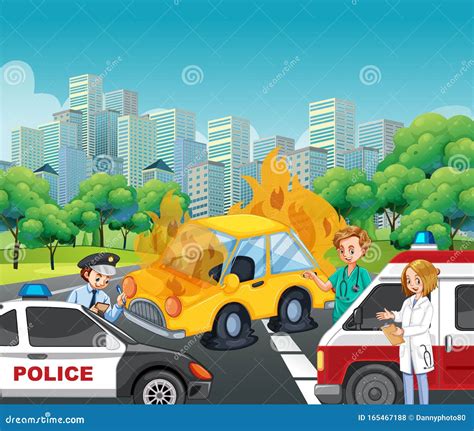 Accident Scene with Policeman and Ambulance on the Road Stock Vector ...