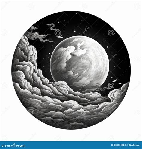 Psychedelic Black and White Pencil Drawing of the Moon Over Clouds ...