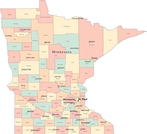 Multi Color Minnesota Map with Counties, Capitals, and Major Cities