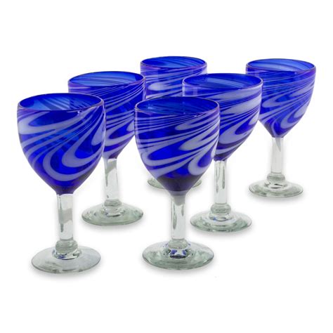 6 Hand Blown 10 oz Blue-White Wine Glasses from Mexico - Whirling Cobalt | NOVICA