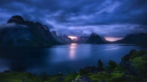 nature, Landscape, Fjord, Lofoten Islands, Norway, Sunset, Sea, Mountain, Shrubs, Grass, Clouds ...