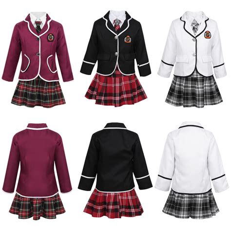 Kid Girls British Style School Uniform Jacket Skirt Shirt Tie Outfit Costume Set | eBay