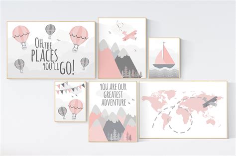 Adventure nursery wall art set, nursery decor girl, travel theme nursery, blush pink, adventure ...