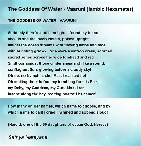 The Goddess Of Water - Vaaruni (Iambic Hexameter) Poem by Sathya Narayana - Poem Hunter