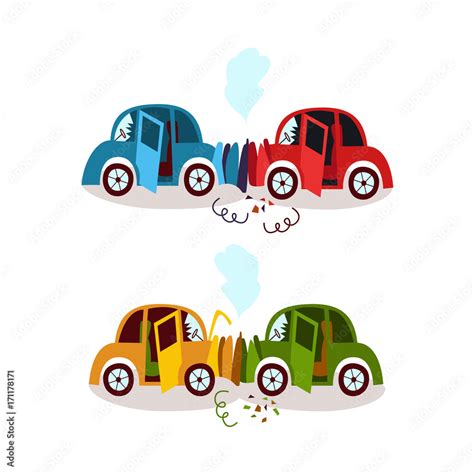 Car accident, head on, rear end collision, fender bender, side view cartoon vector illustration ...