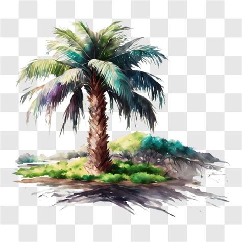 Download Hand-drawn Watercolor Painting of Palm Tree on Island PNG Online - Creative Fabrica