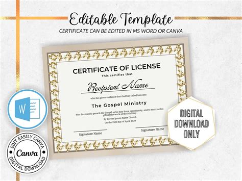 Editable Certificate of License Template. Award Template. - Etsy