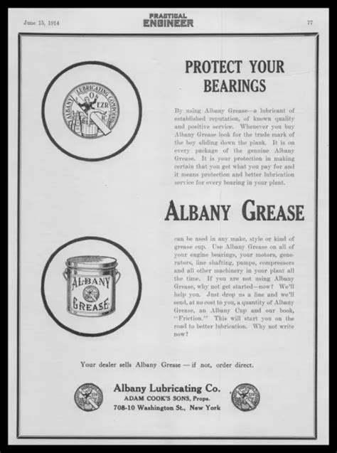 1914 ALBANY LUBRICATING Co. Adam Cook's Sons New York NY Bearing Grease ...