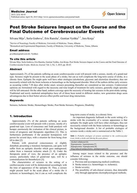 (PDF) Post Stroke Seizures Impact on the Course and the Final Outcome of Cerebrovascular Events