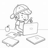 Boy Doing His Homework On The Computer Vector Black And White Coloring  sketch template