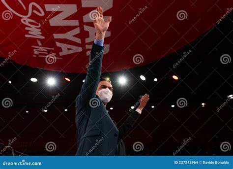 Spanish Prime Minister Pedro Sanchez is Seen in a Close Up from Below As he Claps and Greets the ...