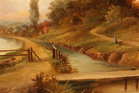 Antique oil on canvas painting depicting European landscape.