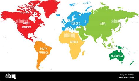 World map divided into six continents. Each continent in different ...