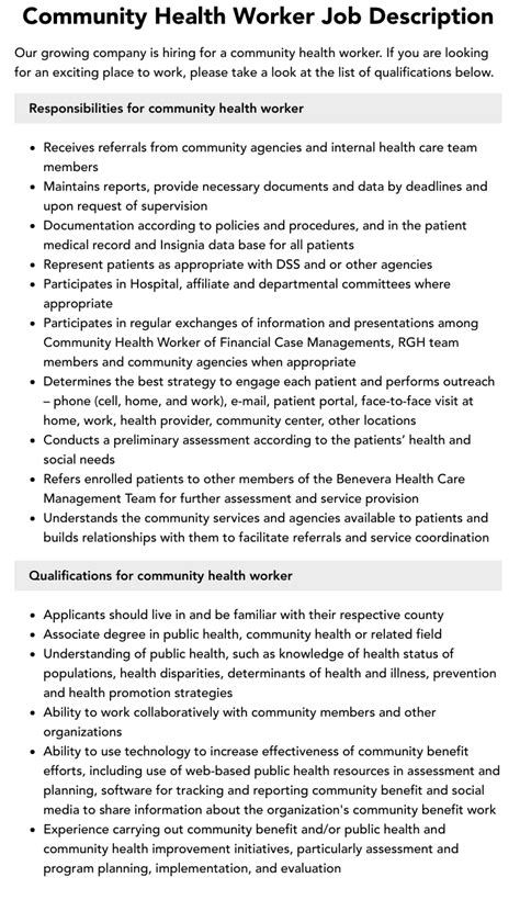 Community Health Worker Job Description | Velvet Jobs