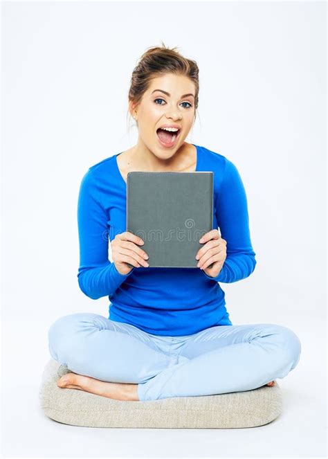 Happy Woman Holding Book . Smiling Girl Sitting Pose Isolated O Stock Image - Image of isolated ...