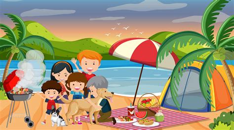 Picnic scene with happy family at the beach 1482527 Vector Art at Vecteezy