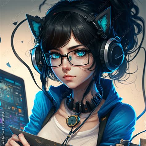 Cute Nerdy Girl with Headset Stock Illustration | Adobe Stock