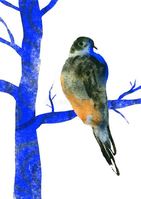 Watercolor Bird Sits on a Tree. Artistic Hand Drawn Poster Stock ...