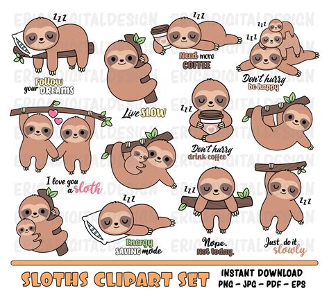 Sloth clipart Cute sleeping sloths clip art Kawaii hanging | Etsy