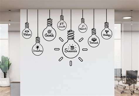 an office with a clock and lightbulbs drawn on it's wall