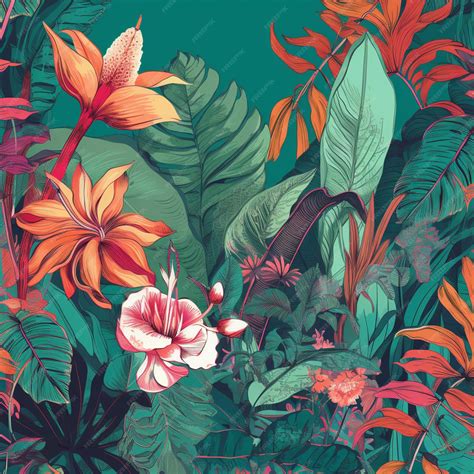 Premium AI Image | A green background with tropical flowers and leaves.