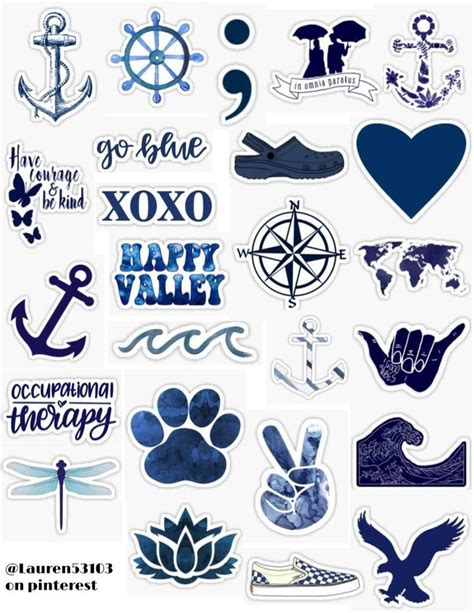 various stickers are shown in blue and white, including an anchor, ship wheel, compass