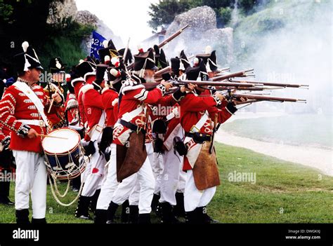 British soldiers, musket volley, 1815, as deployed at Battle of Waterloo, historical re ...