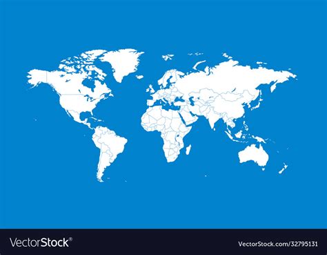 White world map flat on blue background Royalty Free Vector