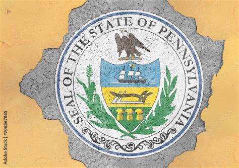 US state Pennsylvania seal flag in big concrete cracked hole and broken material facade ...