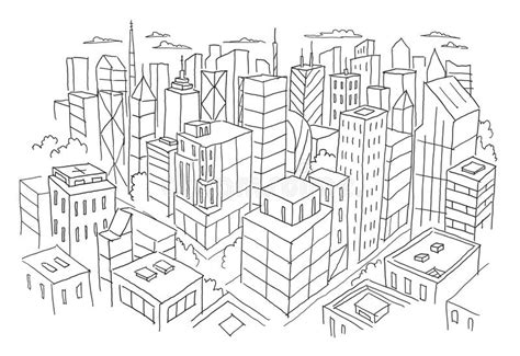 Big city view from the top sketch. Hand drawn vector stock line ...