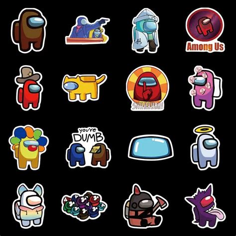 various cartoon stickers on a black background