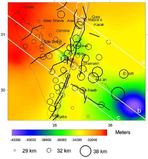 Moho depth map beneath the 3D gravity modelling area of the Dead Sea.... | Download Scientific ...