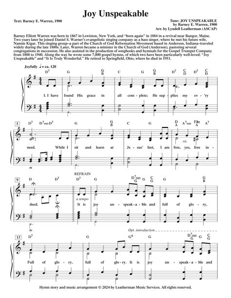 Joy Unspeakable (arr. Lyndell Leatherman) by Southwest Baptist Church Sheet Music for Piano ...