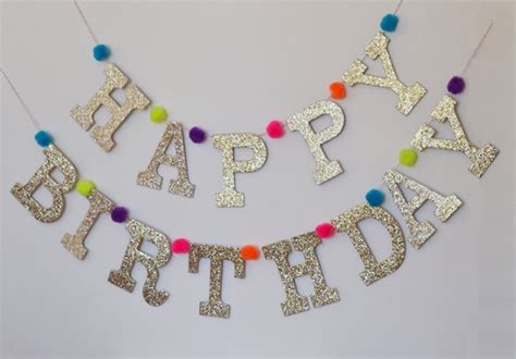 Glitter HAPPY BIRTHDAY Letter Banner with Pom Poms / Custom