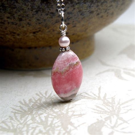 Pink Stone Necklace Rhodochrosite Pendant Sterling Silver | Etsy | Pink stone necklace ...