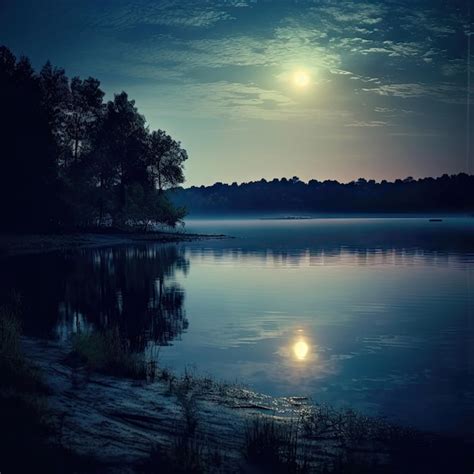 Premium AI Image | Illustration of a night view on a lake with a full moon