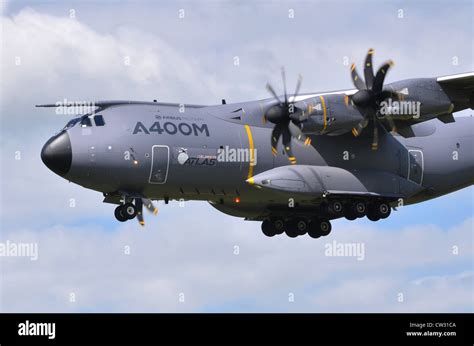 Airbus A400M Atlas turboprop transport plane on approach for landing at RAF Fairford. The A400M ...