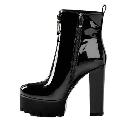 Round Toe Black Patent Leather Platform Chunky High Heel Ankle Boots – Onlymaker