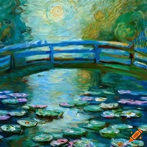 Impressionist painting of water lilies with a bridge on Craiyon