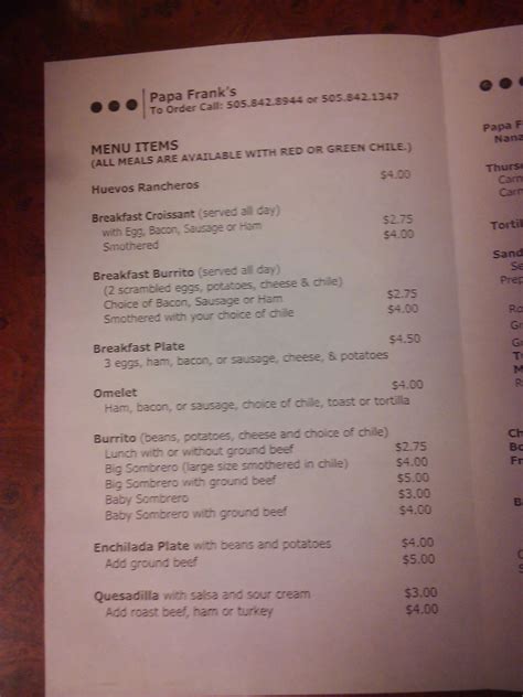 Menu at Papa Frank's restaurant, Albuquerque, 218 Marble Ave NW