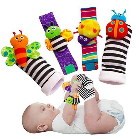 4PCS Baby Rattle Toys, Cute Foot Finder Baby Toy with Sensory Stimulation Soft Wrist and Feet ...