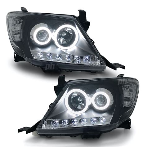 Headlights PAIR Black DRL HALO Projector Angel Eyes Fits Toyota HILUX ...