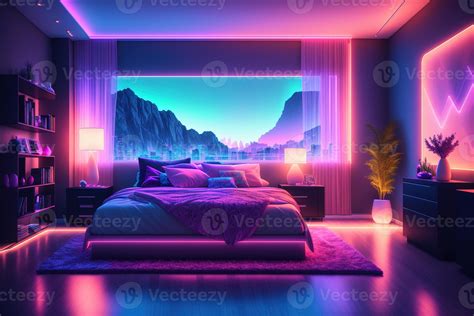 Modern bedroom interior with neon lights glowing ambient in the evening ...