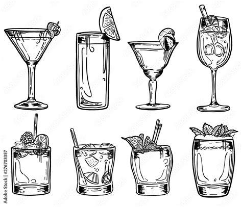 Alcoholic cocktail glass hand drawn sketch vector illustration. Alcohol drink in different glass ...