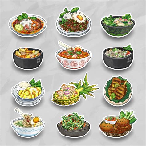 Premium Vector | Doodle Hand Drawn Thai Food Sticker Collection Pack