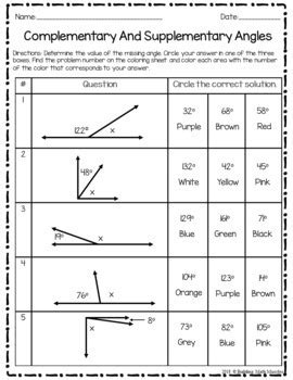 Complementary and Supplementary Angles Coloring Worksheet | TpT