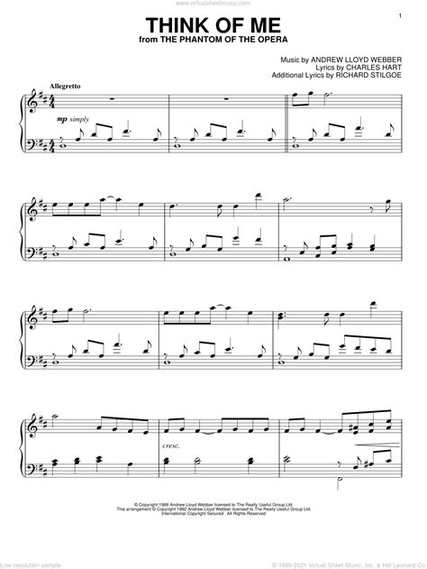 Webber - Think Of Me sheet music for piano solo [PDF-interactive]