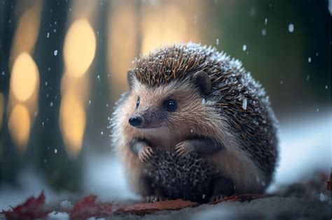 Premium AI Image | A hedgehog sits in the snow in the snow.