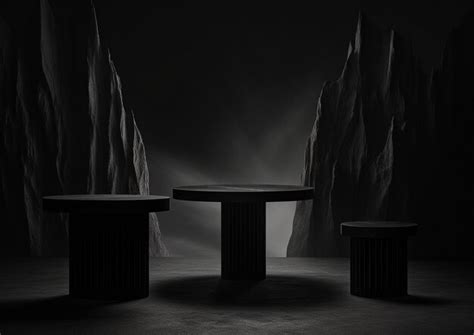 Premium Photo | A black and white photo of a table and chairs with a mountain in the background.